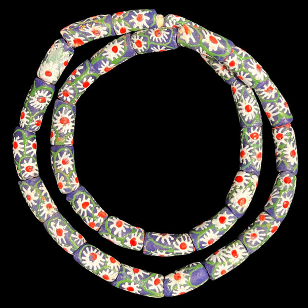 African Glass, Krobo, Flowers, White & Red, Blue & Green, 26x11mm, 24in Strand
