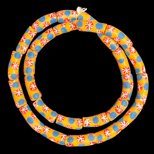 African Glass, Krobo, Orange, Blue & Red Dots, 32x11mm, 24in Strand