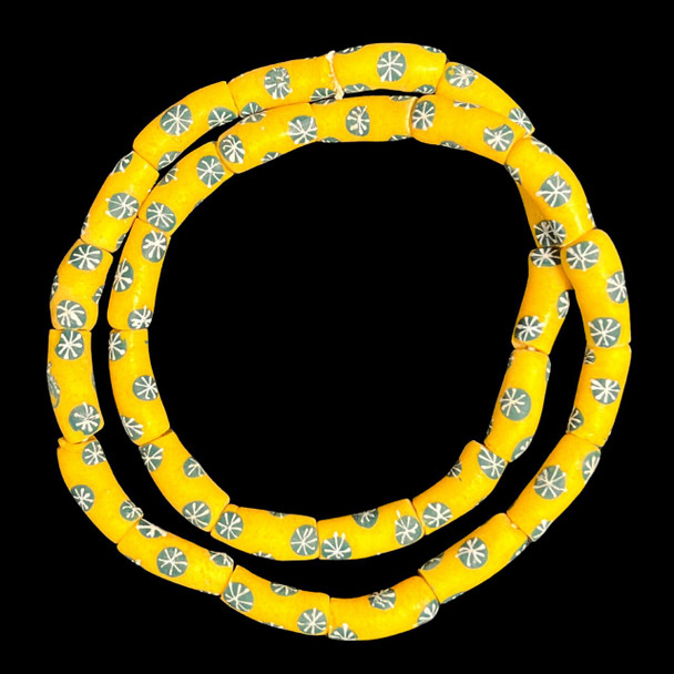 African Glass, Krobo, Yellow & Green Dots, 32x11mm, 24in Strand