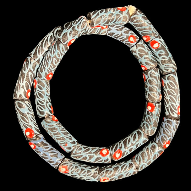 African Glass, Krobo, Black & Blue, Red Dots, 36x14mm, 24in Strand