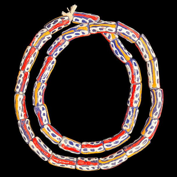African Glass, Krobo, Blue, White, Orange & Red Stripes, 26x11mm, 24in Strand
