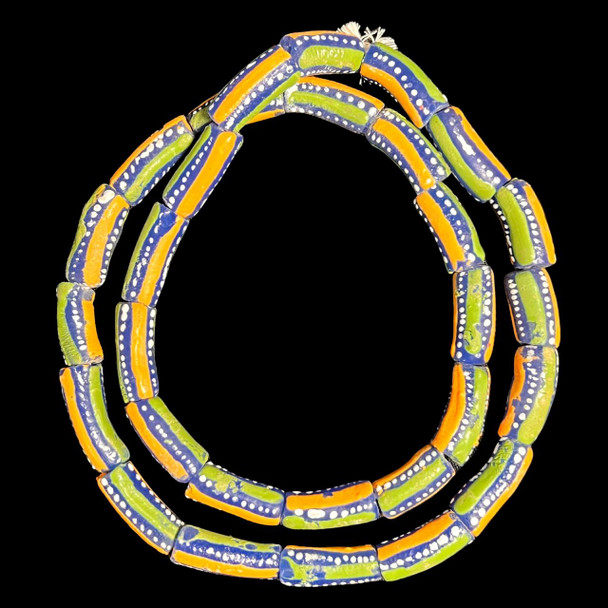 African Glass, Krobo, Blue, Orange & Green Stripes, 26x11mm, 24in Strand