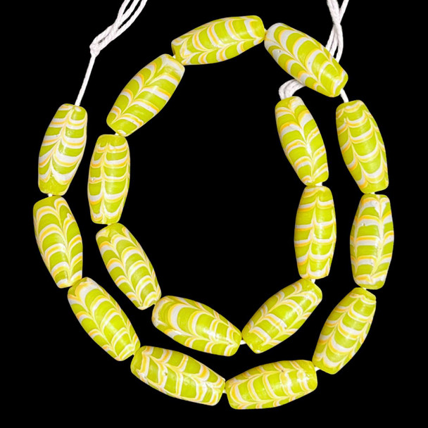 Indonesian Java Glass, Feather, Lime Green, 26x12mm, 18in Strand