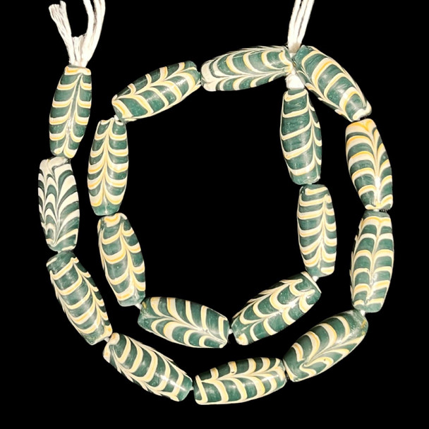 Indonesian Java Glass, Feather, Pine Green, 26x12mm, 18in Strand