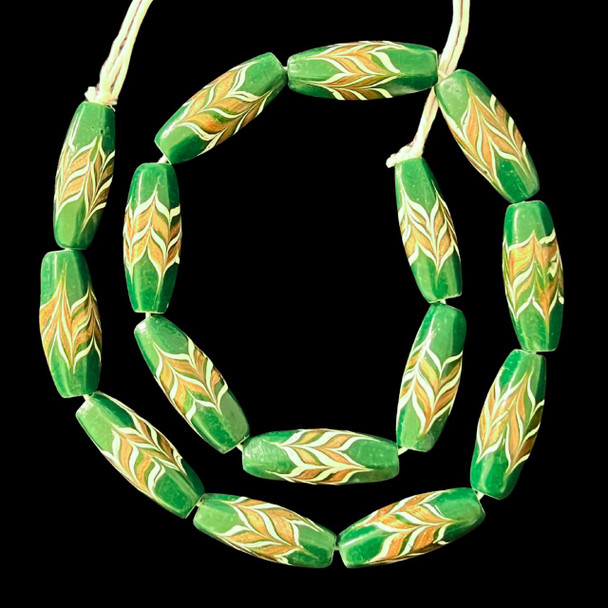 Indonesian Java Glass, Feather, Faceted, Green, 30x11mm, 16in Strand