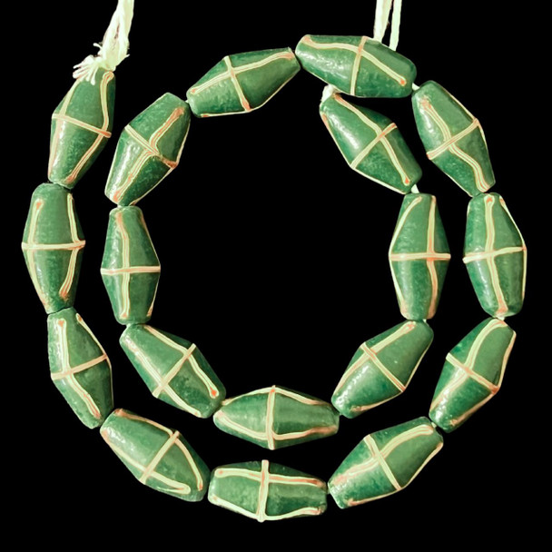 Indonesian Java Glass, French Cross, Green, 25x13mm, 18in Strand