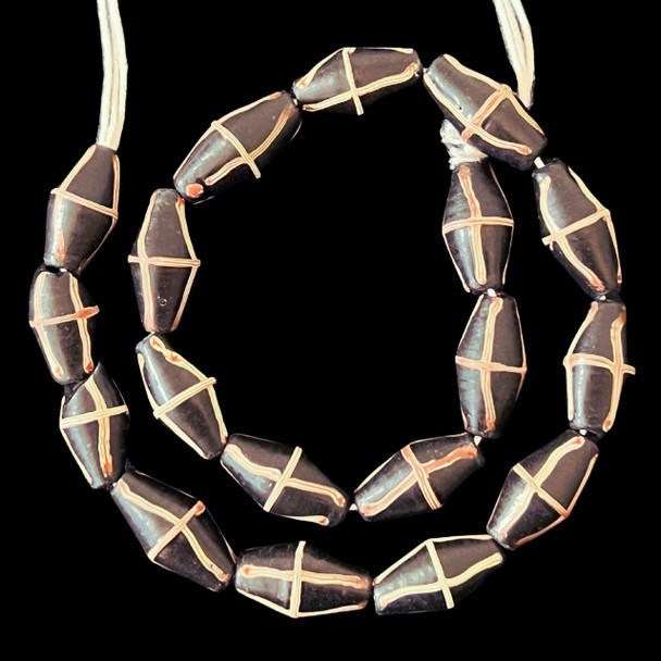 Indonesian Java Glass, French Cross, Black, 25x13mm, 18in Strand