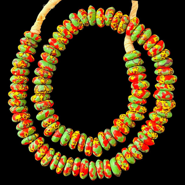 African Glass, Ghanaian, Fused Rondelle, Green & Red, 15x5mm, 22in Strand