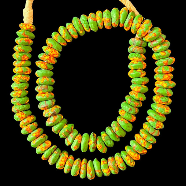 African Glass, Ghanaian, Fused Rondelle, Green, 15x5mm, 22in Strand