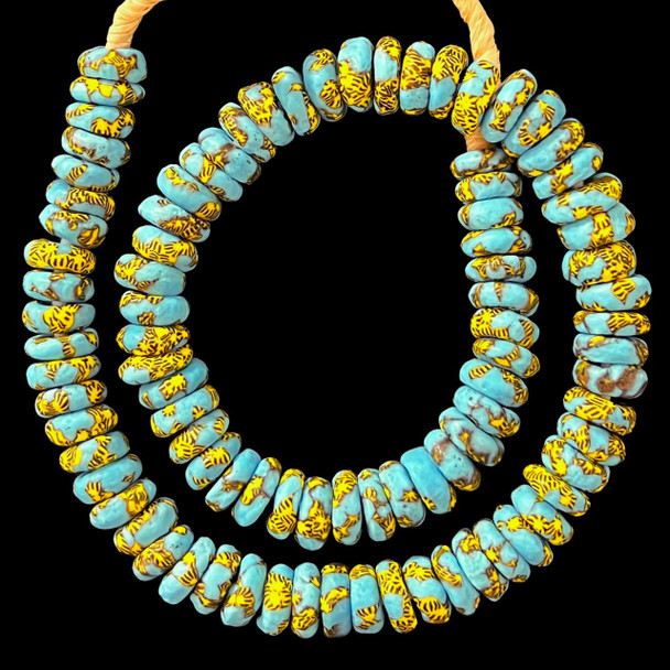 African Glass, Ghanaian, Fused Rondelle, Blue & Yellow, 15x5mm, 22in Strand