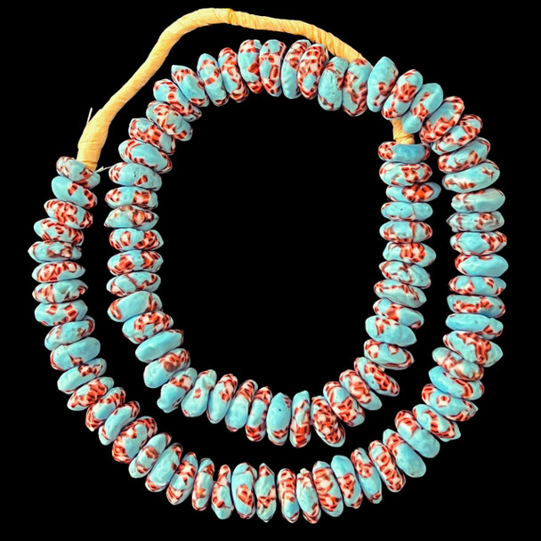 African Glass, Ghanaian, Fused Rondelle, Blue & Red, 15x5mm, 22in Strand