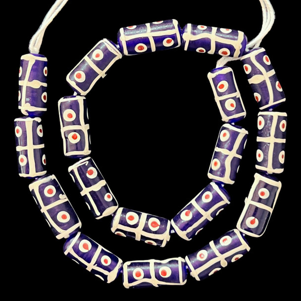 Indonesian Java Glass, Tic Tac Toe, Dark Blue, 25x11mm, 18in Strand