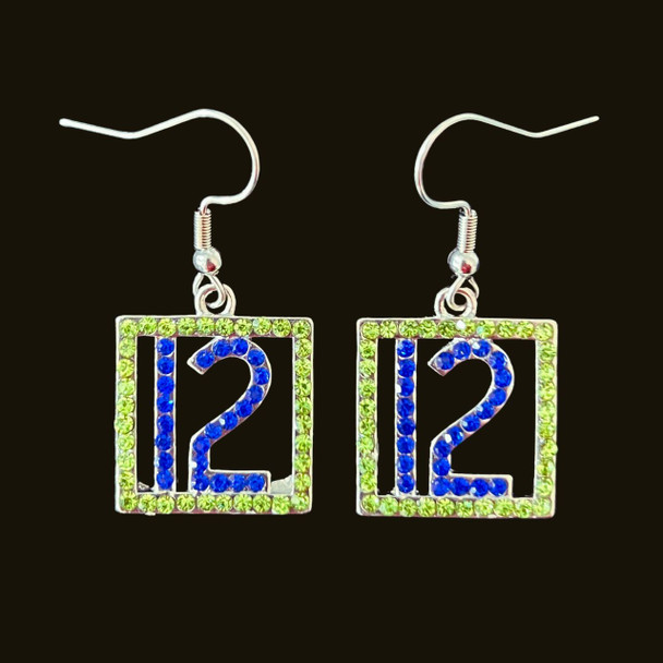 Earrings, Seahawks #12, Stainless Steel Earwire, Blue & Green Rhinestone