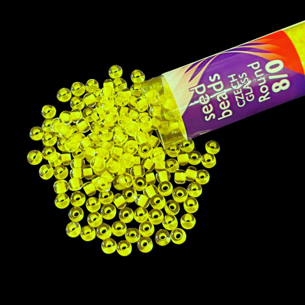 Seed Beads, 8/0 Czech, Round, Crystal Neon Yellow, 22 gram Tube
