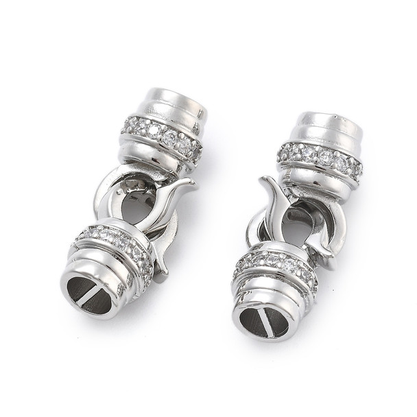 Fold Over Clasp, 27x8mm, Brass, Platinum Plated, Cubic Zirconia, 1 Set