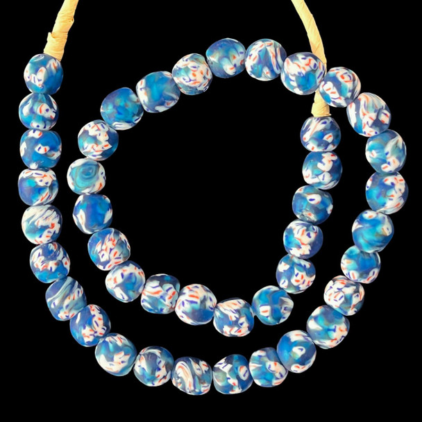 African Glass, Fused Round, Blue, 14mm, 22in Strand