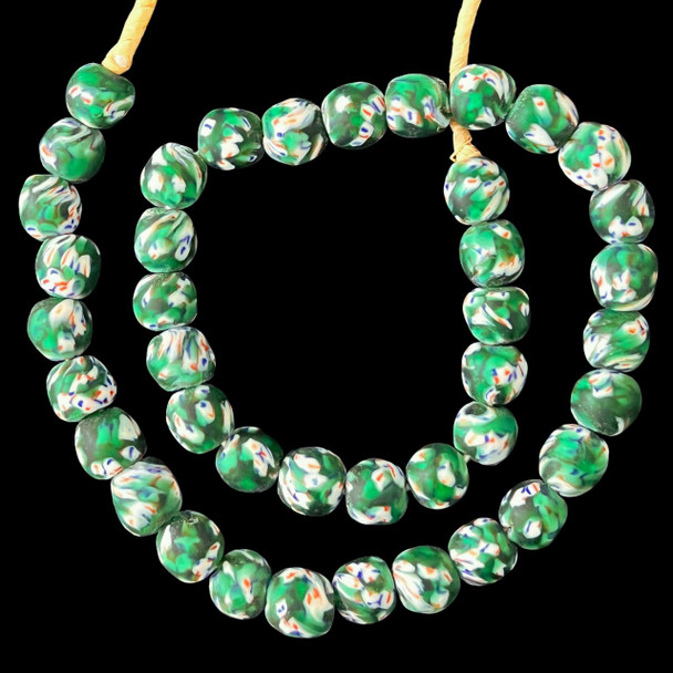 African Glass, Fused Round, Green, 14mm, 22in Strand