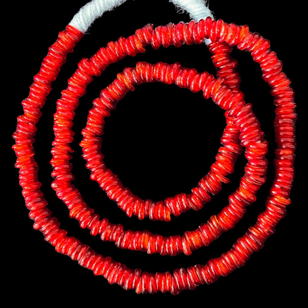 African Glass, Annular Wound Dogon, Red, 3x14mm, 48in Strand