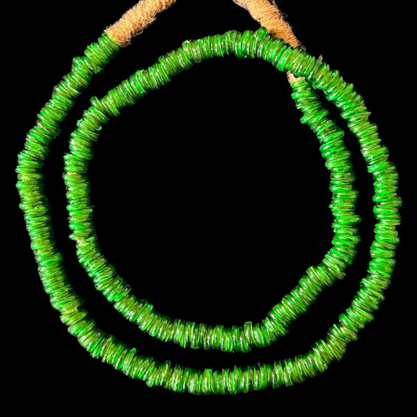 African Glass, Annular Wound Dogon, Green, 3x14mm, 38in Strand