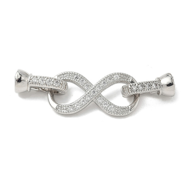 Fold Over Clasp, Infinity, 39mm, Brass, Platinum Plated, Cubic Zirconia, 1 Set