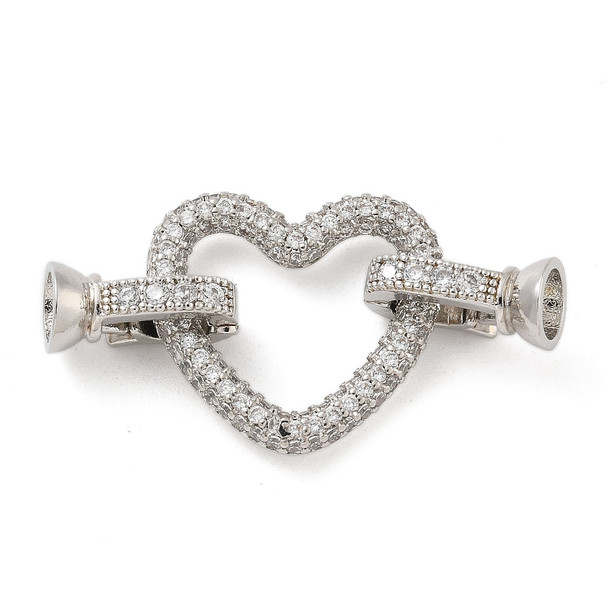 Fold Over Clasp, Heart, 38mm, Brass, Platinum Plated, Cubic Zirconia, 1 Set