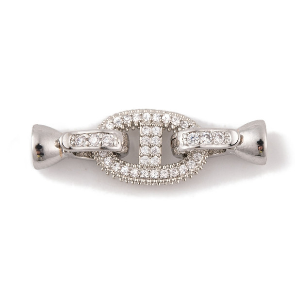 Fold Over Clasp, Oval, 29mm, Brass, Platinum Plated, Cubic Zirconia, 1 Set