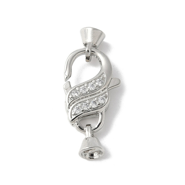Lobster Claw Clasp, 25mm, Brass, Platinum Plated, Cubic Zirconia, 1 Set