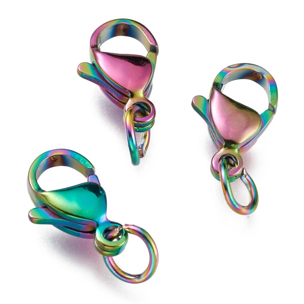 Lobster Claw Clasp, 12x7mm, Stainless Steel, Rainbow, 10 PCS