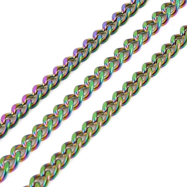 Stainless Steel Chain, Rainbow, 6x4.5mm, Cuban Link, 3.3 ft.