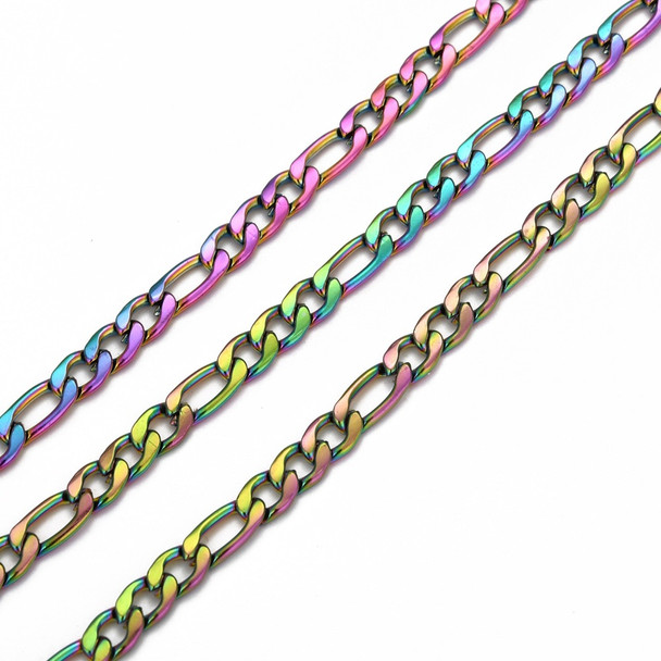 Stainless Steel Chain, Rainbow, 6x4mm, Figaro, 3.3 ft.