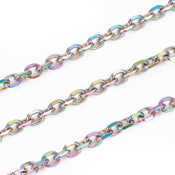 Stainless Steel Chain, Rainbow, 2.5x2mm, Faceted Oval, Soldered, 3.3 ft.