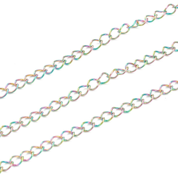 Stainless Steel Chain, Rainbow, 4x3mm, Twisted Curb, Soldered, 6.5 ft.