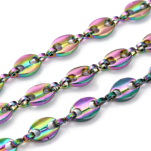 Stainless Steel Chain, Rainbow, 8x5mm, Coffee Bean, 3.3 ft.