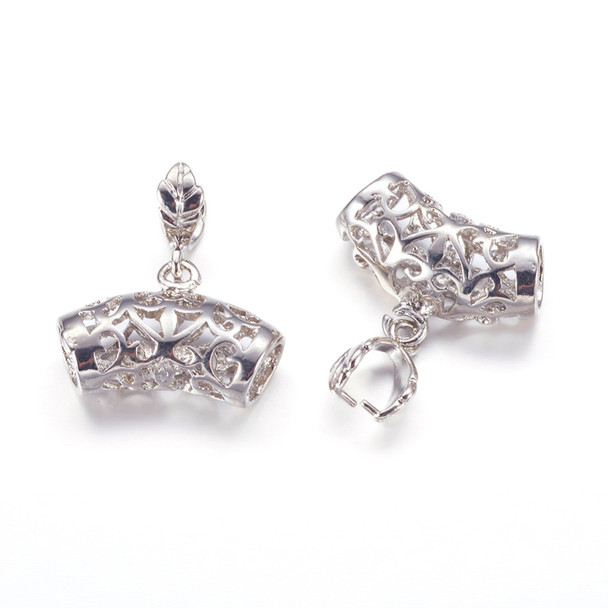 Pinch Bails, Filigree Tube, 20x15mm, Brass Core, Silver, 3 PCS