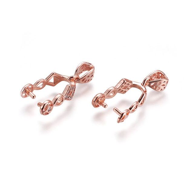 Pinch Bails, 25x6mm, Brass Core, Rose Gold, Cubic Zirconia, 2 PCS