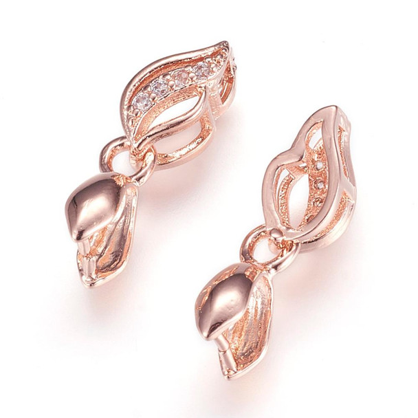 Pinch Bails, 18x6mm, Brass, Rose Gold Plated, Cubic Zirconia, 2 PCS