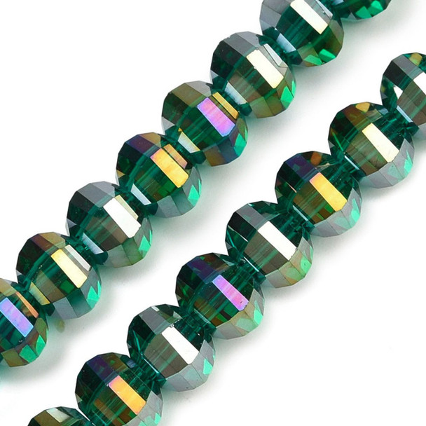 Lantern Shape, Faceted, Glass, Dark Emerald AB, 8x6mm, One 18in Strand