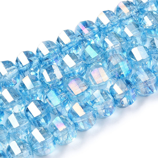 Lantern Shape, Faceted, Glass, Blue AB, 8x7mm, One 15in Strand
