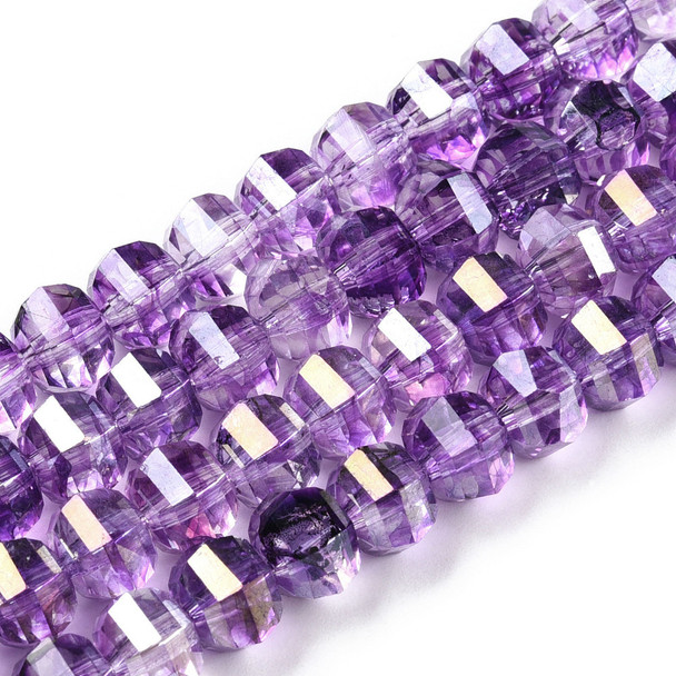 Lantern Shape, Faceted, Glass, Purple AB, 8x7mm, One 15in Strand