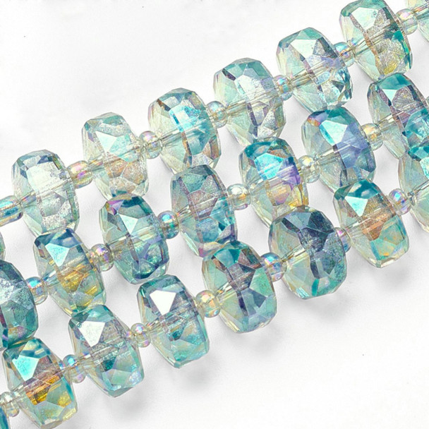 Faceted Rondelle, Glass, Blue & Green AB, 10x7mm, One 19in Strand