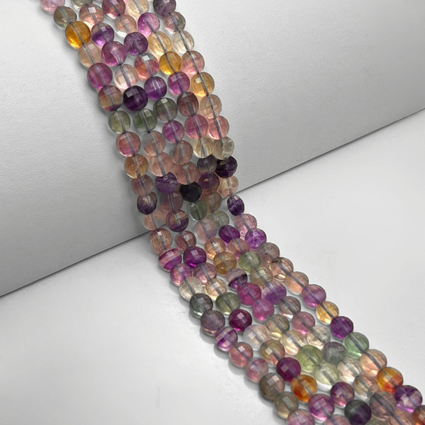 Fluorite, Purple Mix, Natural, Faceted Coin, One 8mm Strand