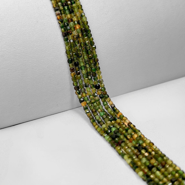 Tourmaline, Green, Natural, Faceted Mini Cube, One 2.5mm Strand