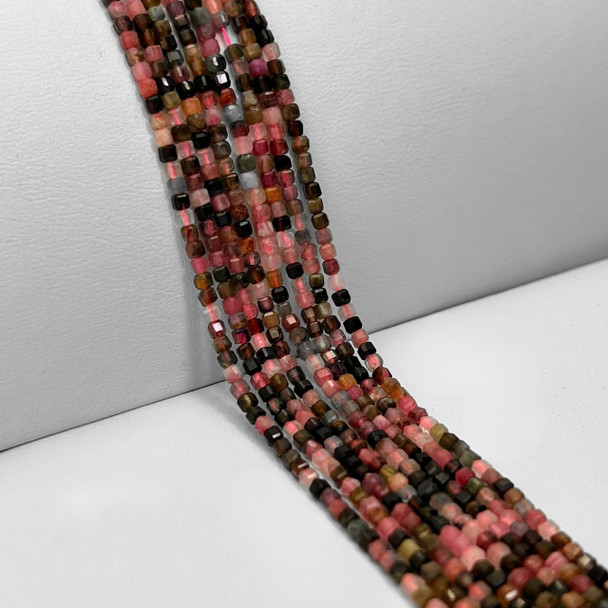Tourmaline, Mixed, Natural, Faceted Mini Cube, One 2.5mm Strand