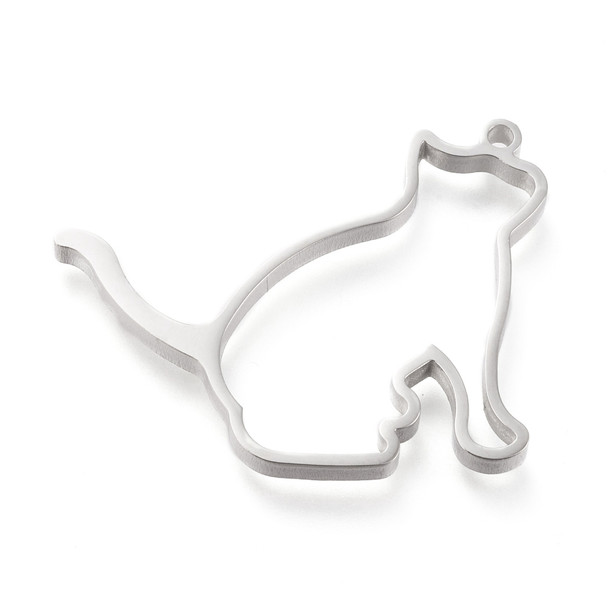 Bezel Pendant, Open Back, Cat, Stainless Steel, 32x40x3mm, 2 PCS