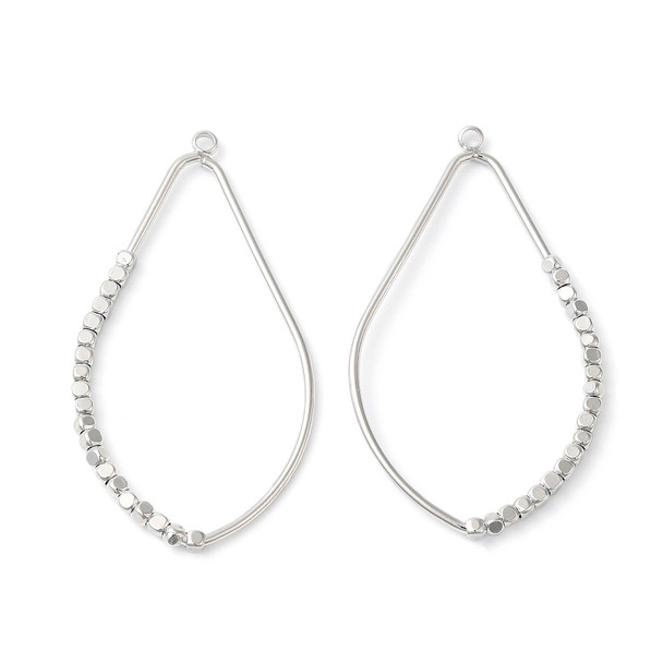 Bezel Pendant, Open Back, Teardrop with Cube Beads, Platinum Plated Brass, 48x26x2mm, 2 PCS