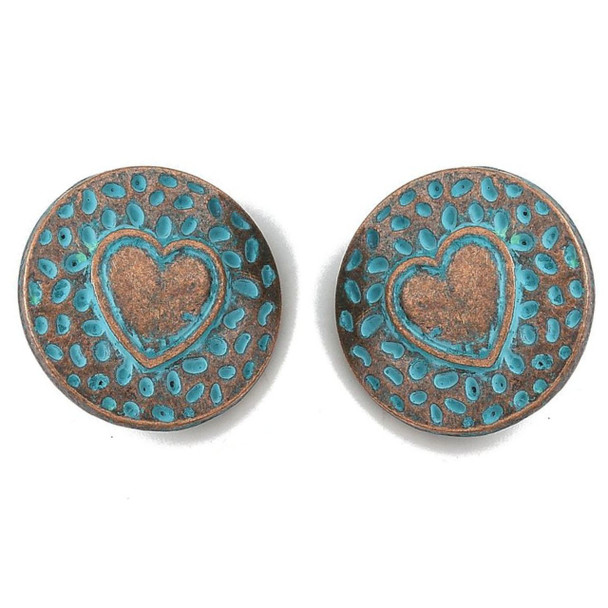 Shank Button, Flat Round, Heart, 18x6.5mm, Patina Metal Alloy, 6 PCS