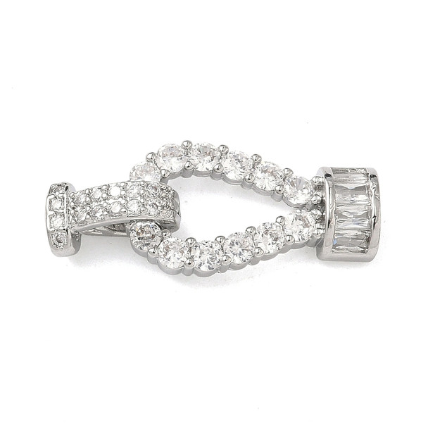 Fold Over Clasp, Teardrop, 22mm, Brass, Platinum Plated, Cubic Zirconia, 1 Set