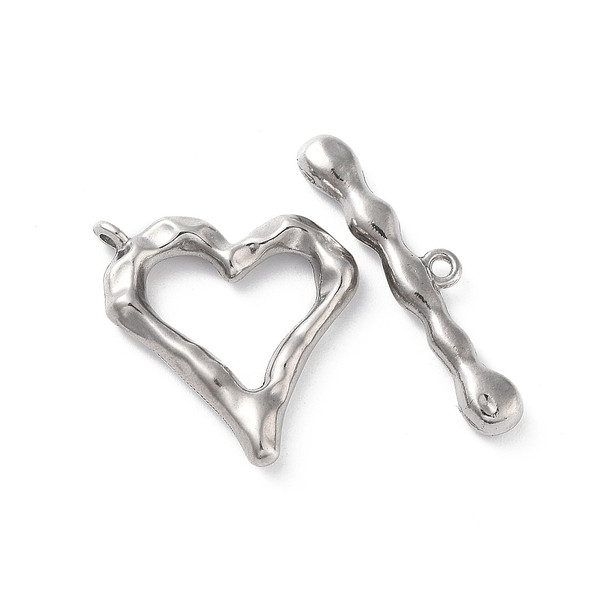 Toggle Clasp, Heart, 22x21x4mm, 30mm bar, Stainless Steel, 2 Sets