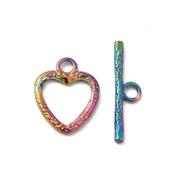 Toggle Clasp, Heart: 16x14x2mm, 22mm bar, Stainless Steel, Rainbow, 2 Sets