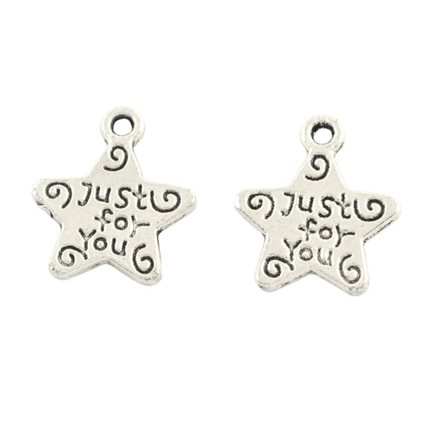 Star Charm, "Just For You", Double Sided, 14x12mm, Antique Silver Plated Metal Alloy, 48 PCS